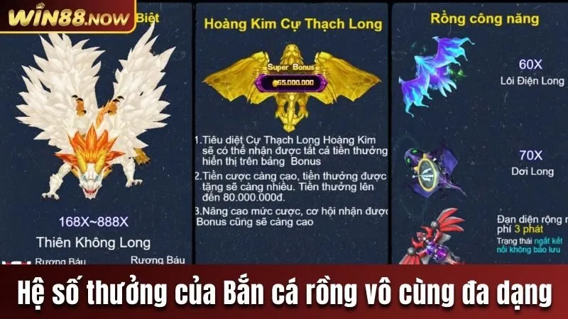 Hệ số thưởng của Bắn cá rồng vô cùng đa dạng